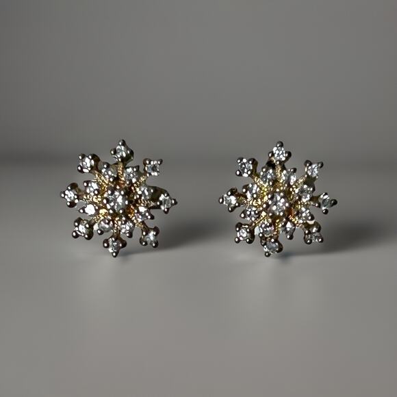 Beautiful Vintage Gold/ Silver Tone Snowflake Post Earrings With Clear Crystals - Picture 1 of 3